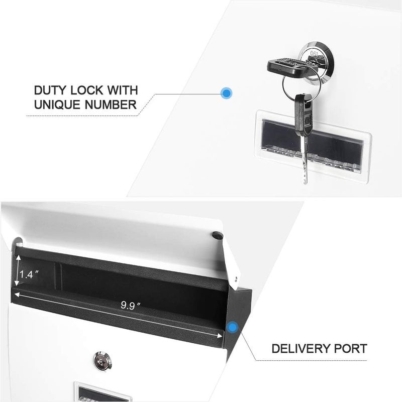 Parrency Locking Mailbox Wall Mounted,Security Metal Mailbox Drop Box, Mail Boxes with Combination Lock,Modern Large Capacity,Steel Cover Metal Postbox for House Home Outside, White,15 3/5" x 10 3/5" x 3 1/2" - Image 1