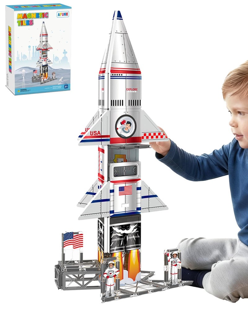 AFUNX Magnetic Tiles Space Rocket Set46 PCS Magnetic Building Blocks for Kids 3 STEM Learning Toys Safe Durable Creative Construction Play Gift for Boys Girls - Image 3
