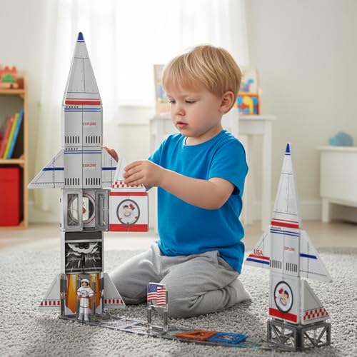 AFUNX Magnetic Tiles Space Rocket Set46 PCS Magnetic Building Blocks for Kids 3 STEM Learning Toys Safe Durable Creative Construction Play Gift for Boys Girls - Image 5