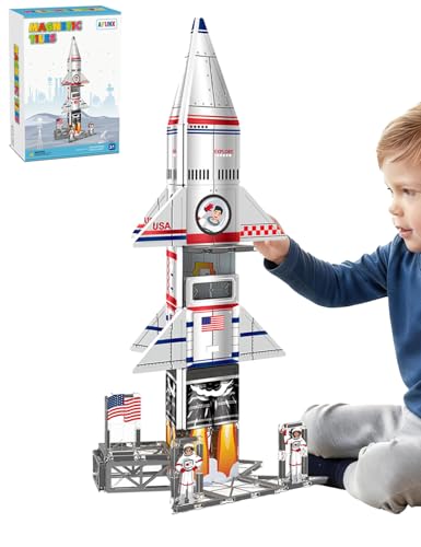 AFUNX Magnetic Tiles Space Rocket Set46 PCS Magnetic Building Blocks for Kids 3 STEM Learning Toys Safe Durable Creative Construction Play Gift for Boys Girls - Image 1