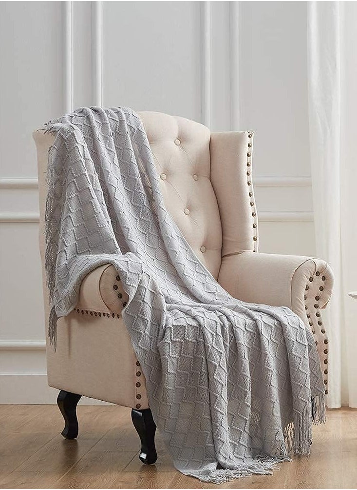 Arabest Knitted Throw Blankets, Cozy Lightweight Decorative Throw, Warm Woven Blanket with Tassels for Couch Sofa, Bed and Living Room, All Seasons for Women, Men and Kids (127x172cm, Light Grey)  - Image 1