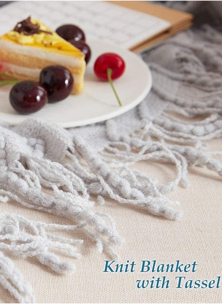 Arabest Knitted Throw Blankets, Cozy Lightweight Decorative Throw, Warm Woven Blanket with Tassels for Couch Sofa, Bed and Living Room, All Seasons for Women, Men and Kids (127x172cm, Light Grey)  - Image 4