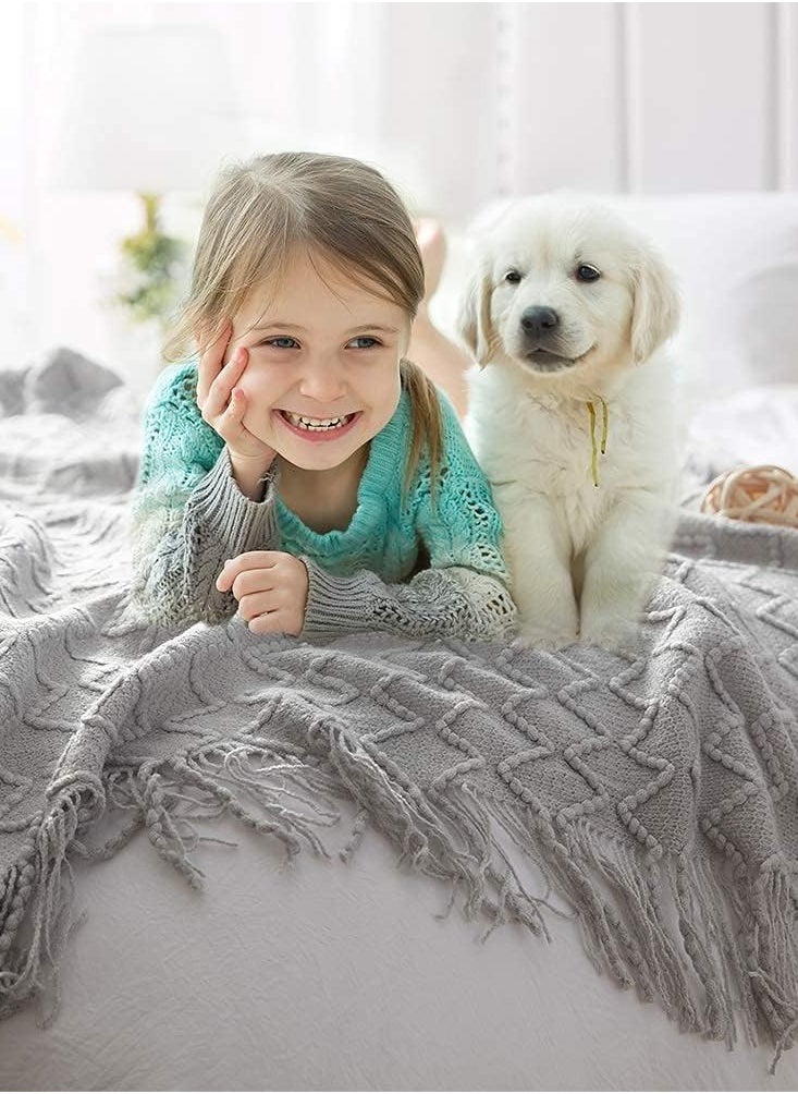 Arabest Knitted Throw Blankets, Cozy Lightweight Decorative Throw, Warm Woven Blanket with Tassels for Couch Sofa, Bed and Living Room, All Seasons for Women, Men and Kids (127x172cm, Light Grey)  - Image 2