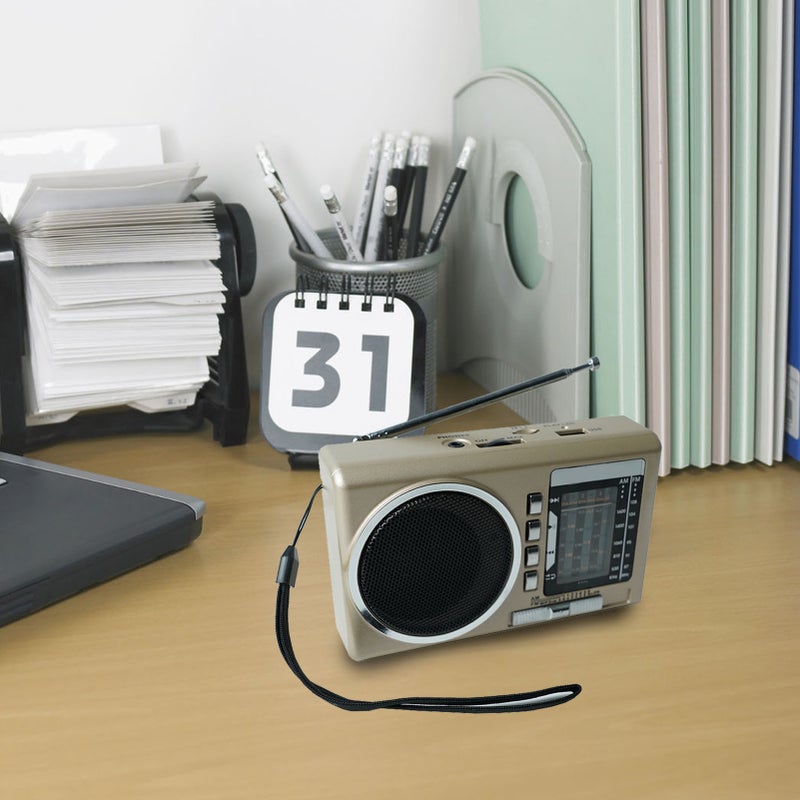 Portable FM Radio Multi Band USB Card Slot Rechargeable Vintage Retro Radio for Elderly Gold - Image 1