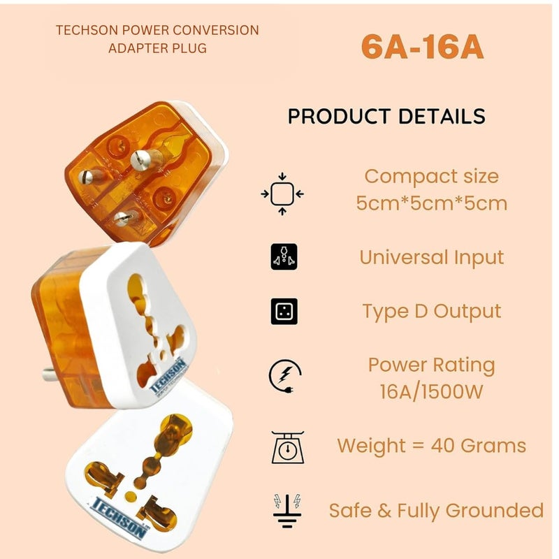 TECHSON 6amp to 16amp 3 Pin Universal Conversion Plug Converts 6A Socket to 16 A Socket for Geysers ACRefrigratorMicrowaveetc for Indian and International PlugsPack of8 - Image 2