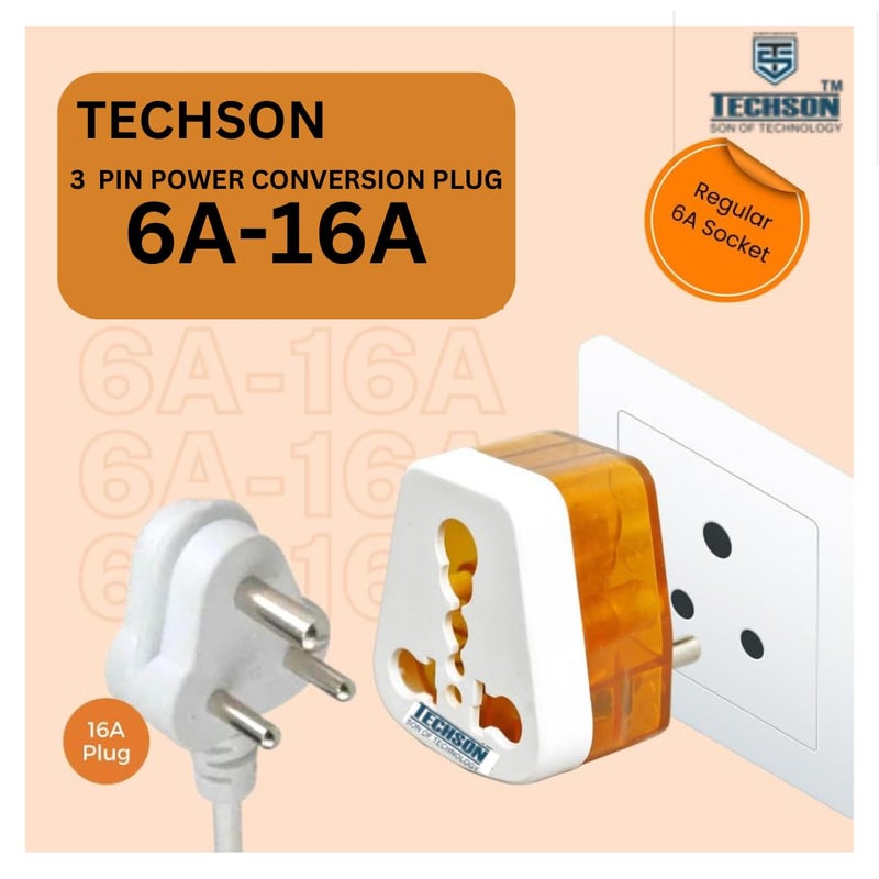 TECHSON 6amp to 16amp 3 Pin Universal Conversion Plug Converts 6A Socket to 16 A Socket for Geysers ACRefrigratorMicrowaveetc for Indian and International PlugsPack of8 - Image 4