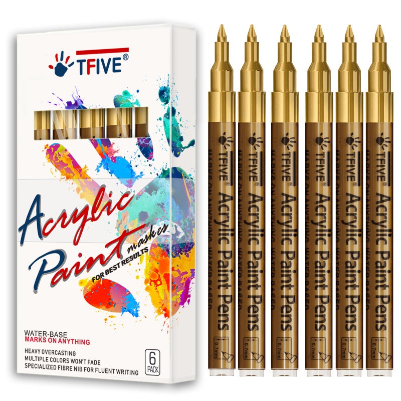 Gold Marker Paint Pens 6 Pack Acrylic Gold Permanent Marker 07mm Extra Fine Tip Paint Pen for Art projects Drawing Rock Painting Stone Ceramic Glass Wood Plastic Metal Canvas DIY Crafts