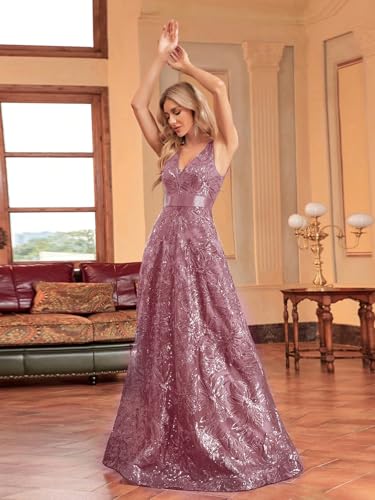 XUIBOL Sleeveless Glitter Sequined Womens Long Formal Gown Aline Prom Dress for Anchorwoman Floor Length Evening Dress Dusty Rose M - Image 4
