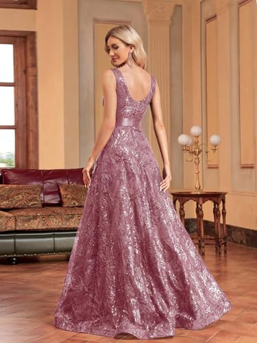 XUIBOL Sleeveless Glitter Sequined Womens Long Formal Gown Aline Prom Dress for Anchorwoman Floor Length Evening Dress Dusty Rose M - Image 2