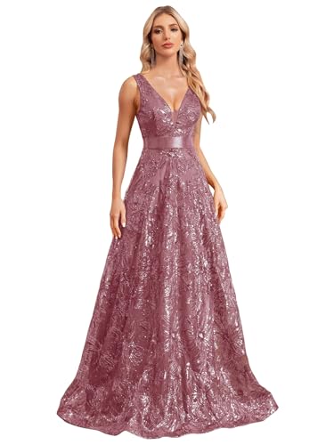 XUIBOL Sleeveless Glitter Sequined Womens Long Formal Gown Aline Prom Dress for Anchorwoman Floor Length Evening Dress Dusty Rose M - Image 1