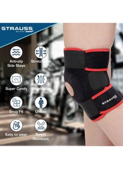 STRAUSS Strauss Adjustable Knee Support Patella|Knee Cap for Knee Pain, Gym Workout, Running, Arthritis, and Protection for Men and Women| Knee Brace |Knee Guard |Knee belt | Joint pain relief | Pair, (Free Size, Black/Red)  - Image 2
