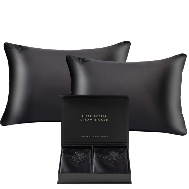 QUEEN BEE SILK - 2 Pack Silk Pillowcase for Hair and Skin - 22 Momme Mulberry Silk - Charmeuse Weave - Envelope Closure - Standard Size - Black - Image 2