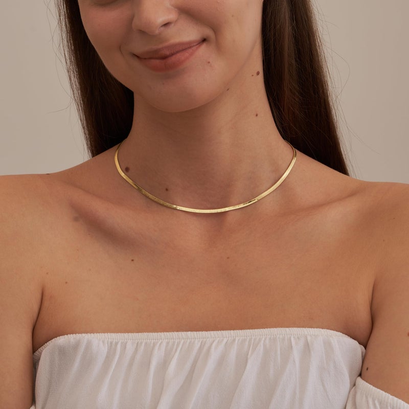 CHESKY 14K Gold Plated Snake Chain Necklace Gold Herringbone Necklace for Women Minimalist Necklace Chain 3MM(W) 14"(L) - Image 3