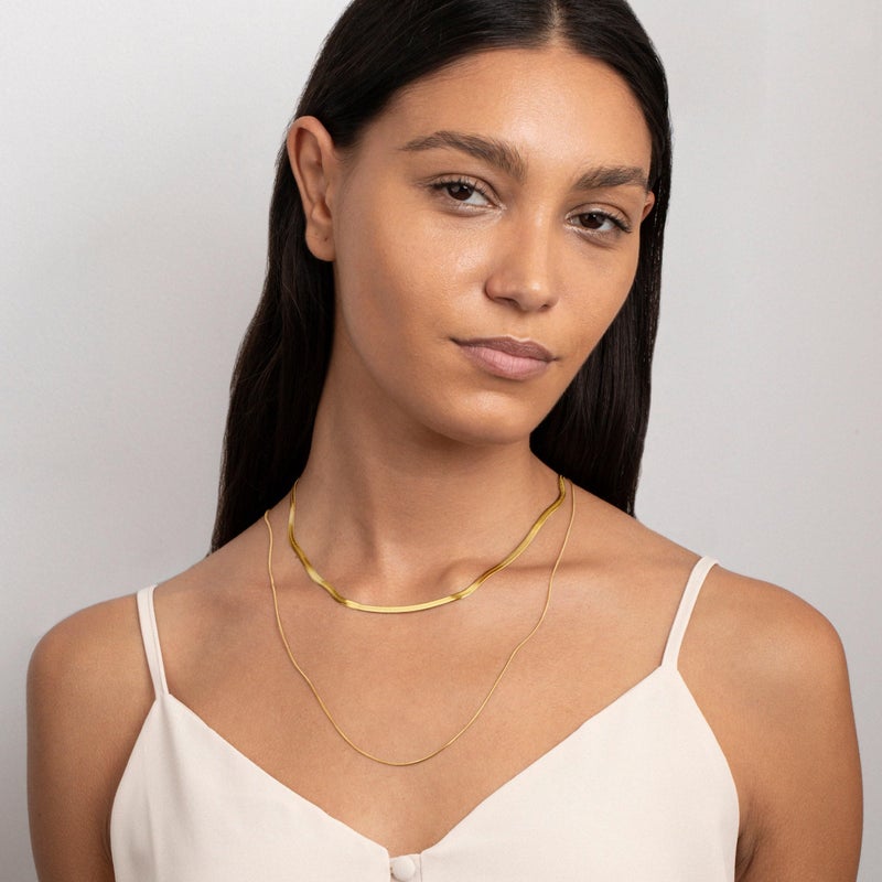 CHESKY 14K Gold Plated Snake Chain Necklace Gold Herringbone Necklace for Women Minimalist Necklace Chain 3MM(W) 14"(L) - Image 4