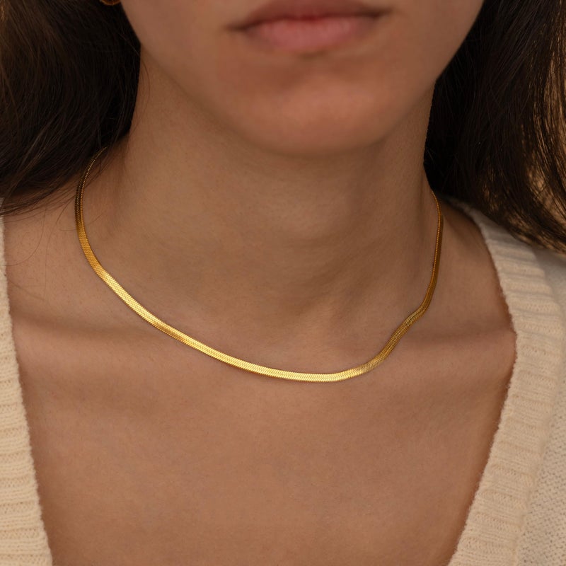 CHESKY 14K Gold Plated Snake Chain Necklace Gold Herringbone Necklace for Women Minimalist Necklace Chain 3MM(W) 14"(L) - Image 2