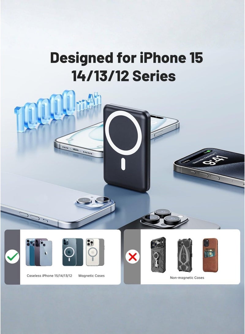 Levino MagSafe Power Bank 10000mAh with Foldable Stand | Dual Type-C & 1 USB Ports | Includes Type-C & Lightning Cables | LED Indicator | Fast Charging for iPhone 15/14/13/12 Series, Samsung Galaxy, Google Pixel & More | Black - Image 2