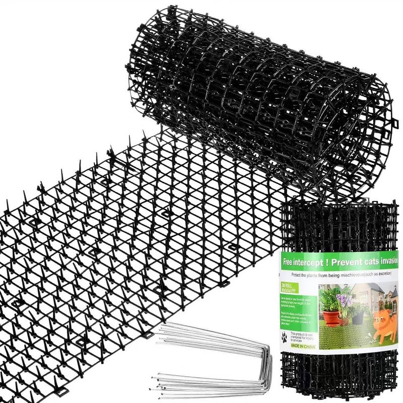Sanwuta 2 Pcs 263 ft Cat Spike Mat Outdoor Cat Deterrent Mat with Spikes Prickle Strips Indoor Dog Digging Deterrent Anti Network Spikes with 10 Staples for Garden FenceBlack