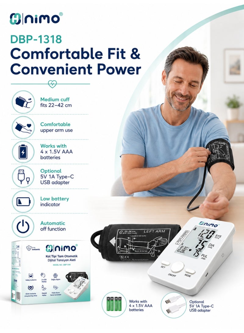 Nimo DBP-1318 Digital Arm Blood Pressure Monitor with 22-42 cm Cuff, 120 Memory & Type-C USB - Image 5