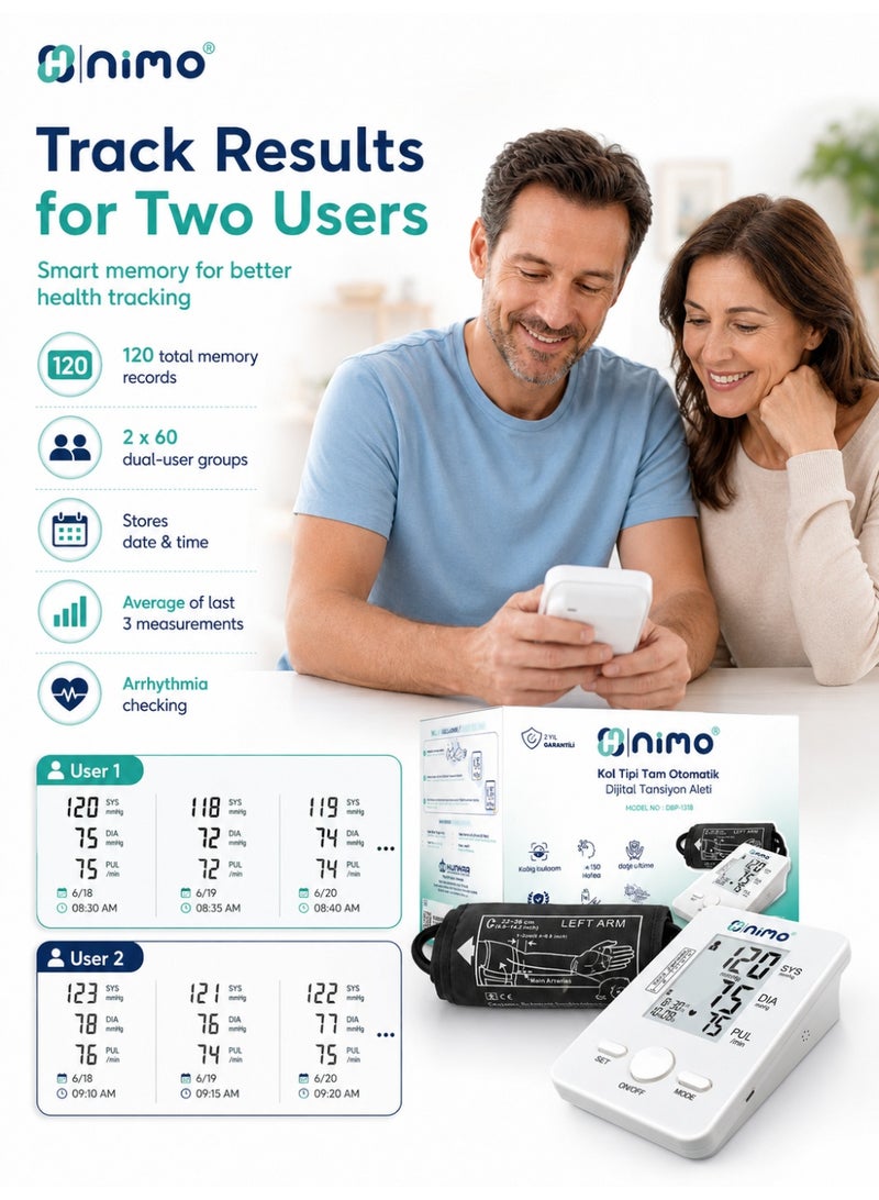 Nimo DBP-1318 Digital Arm Blood Pressure Monitor with 22-42 cm Cuff, 120 Memory & Type-C USB - Image 4