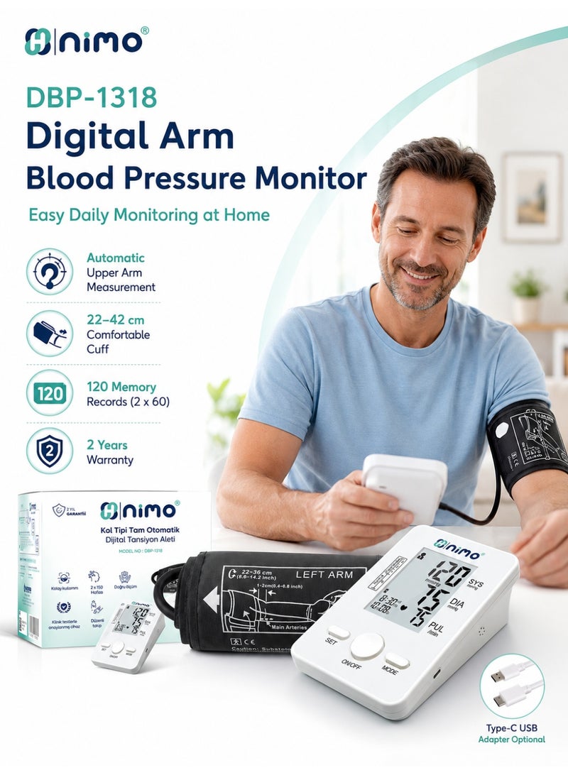 Nimo DBP-1318 Digital Arm Blood Pressure Monitor with 22-42 cm Cuff, 120 Memory & Type-C USB - Image 2