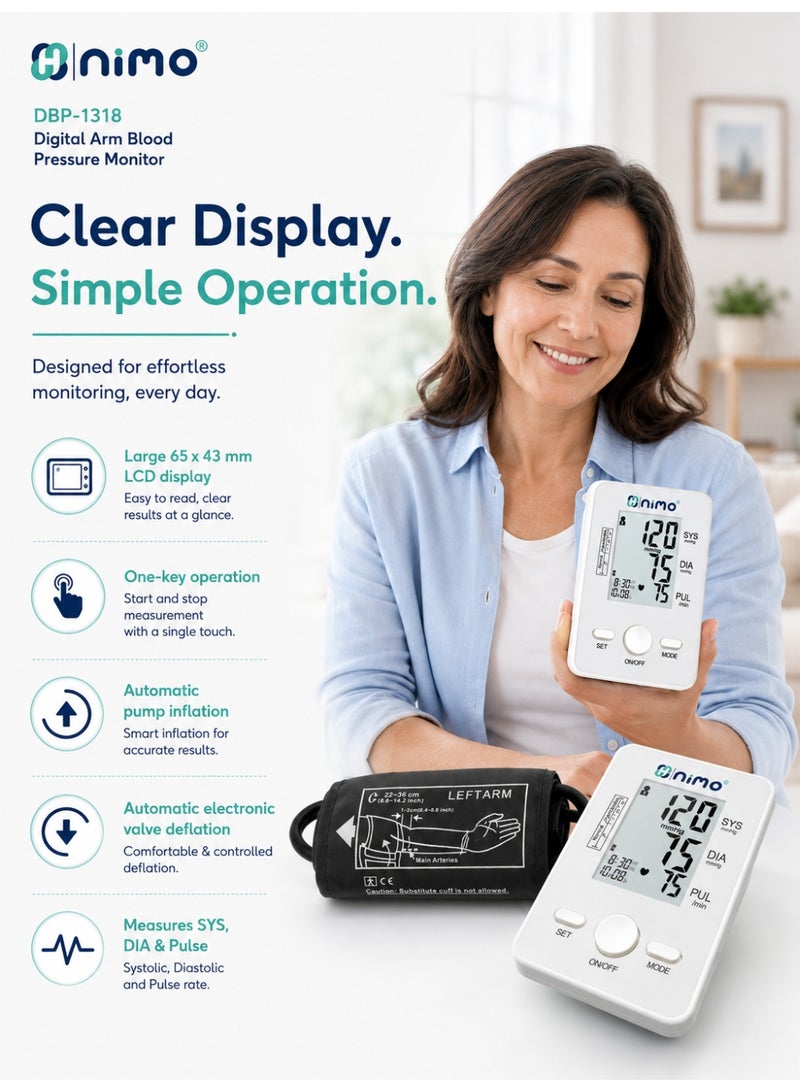 Nimo DBP-1318 Digital Arm Blood Pressure Monitor with 22-42 cm Cuff, 120 Memory & Type-C USB - Image 3