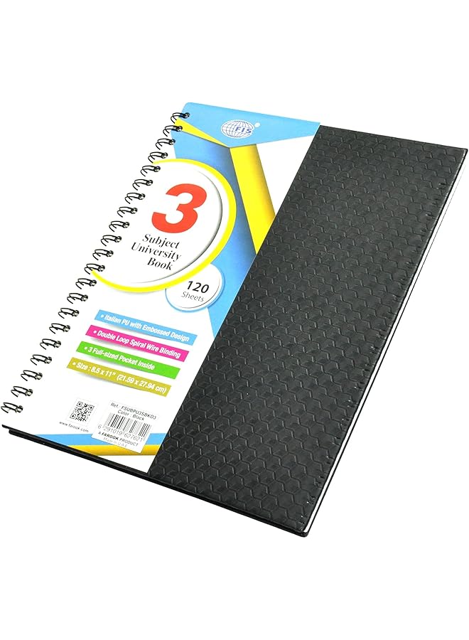 FIS Fsubpu3Sbkd3 120 Sheets Italian Pu Spiral Cover 3 Subject University Book 8.5 Inch X 11 Inch Size Black - Image 1