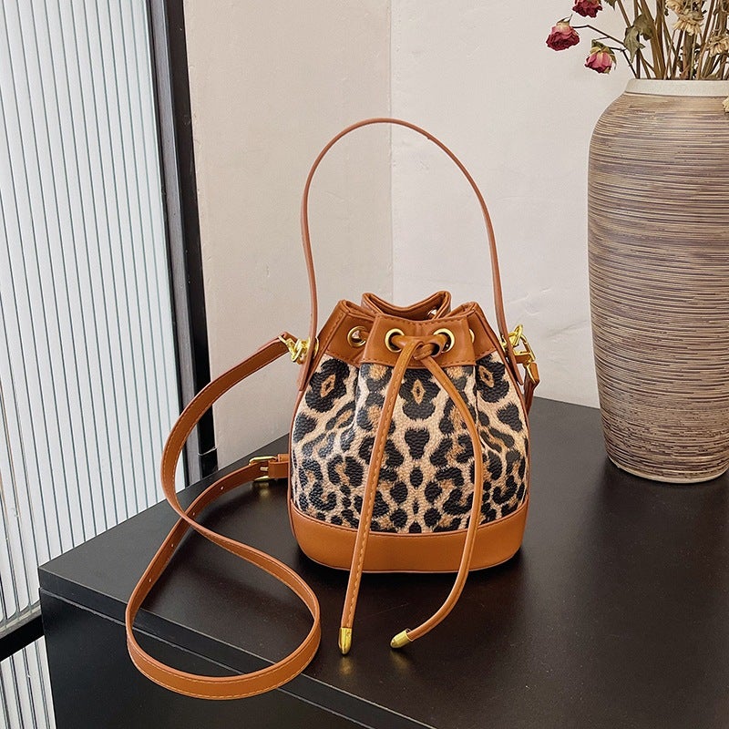 Leopard Print Tote Bucket Bag Fashion Drawstring Shoulder Bag Korean Version Trendy Simple Versatile Crossbody Bag - Image 1