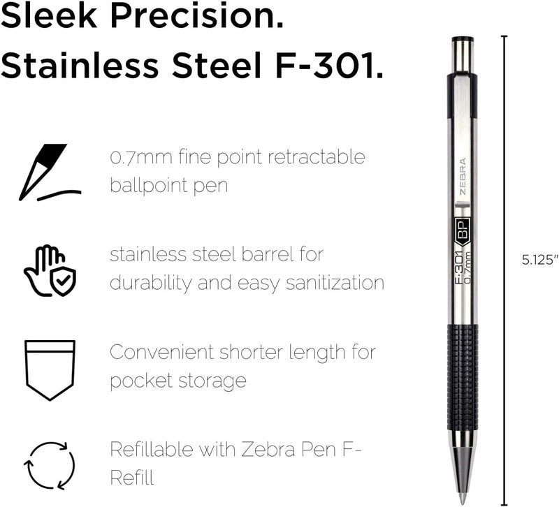Zebra Pen F-301 Compact Ballpoint Stainless Steel Retractable Fine Point, 0.7mm, Black Ink, 2-Count - Image 2