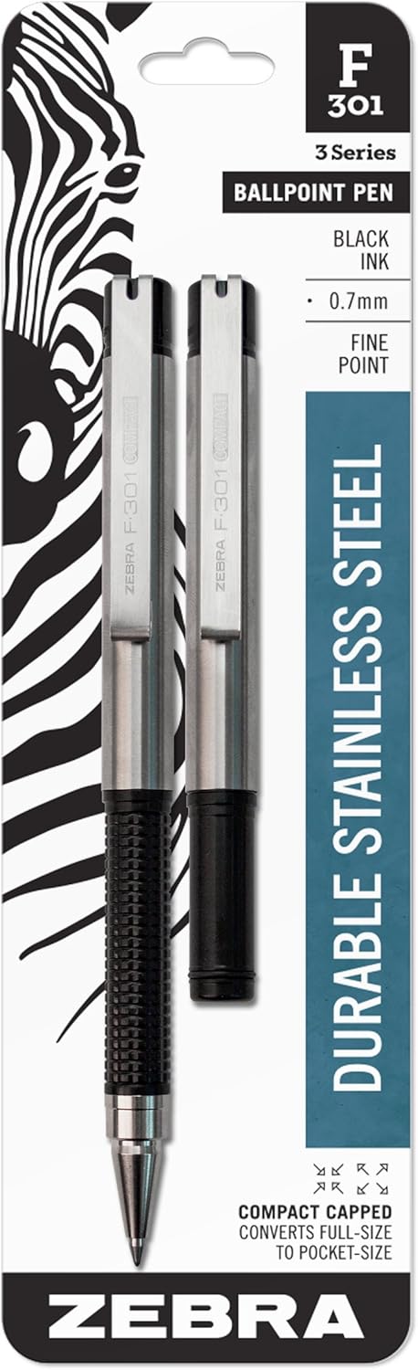 Zebra Pen F-301 Compact Ballpoint Stainless Steel Retractable Fine Point, 0.7mm, Black Ink, 2-Count - Image 1