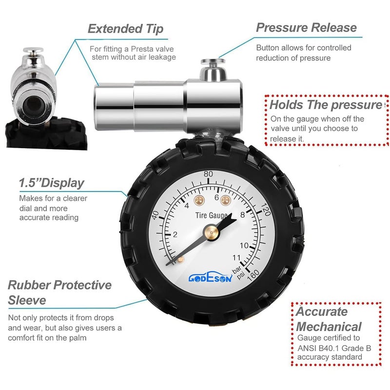 GODESON Presta Valve BicycleTire Pressure Gauge 0-160psi and 0-11bar - Image 2
