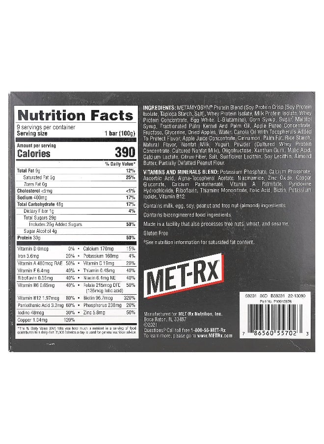 MET-Rx - MET-Rx, Big 100, Meal Replacement Bar, Crispy Apple Pie, 9 Bars, 3.52 oz (100 g) Each - Image 1