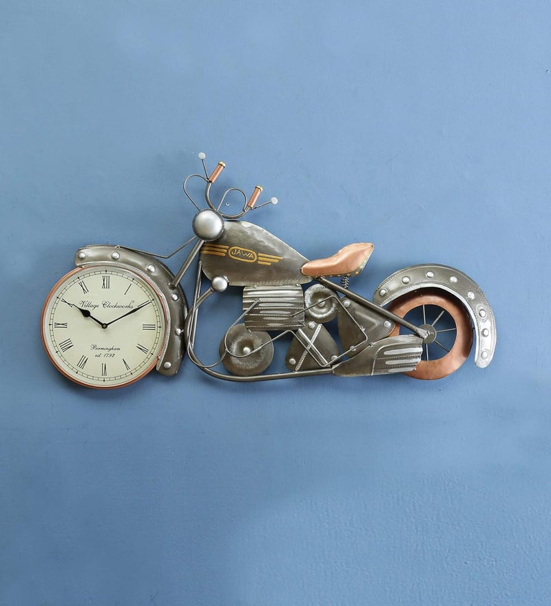 Medieval Arts Iron Jawa Bike Miniature Wall Clock Wall Art Decor Wall Mounted Silver - Image 1