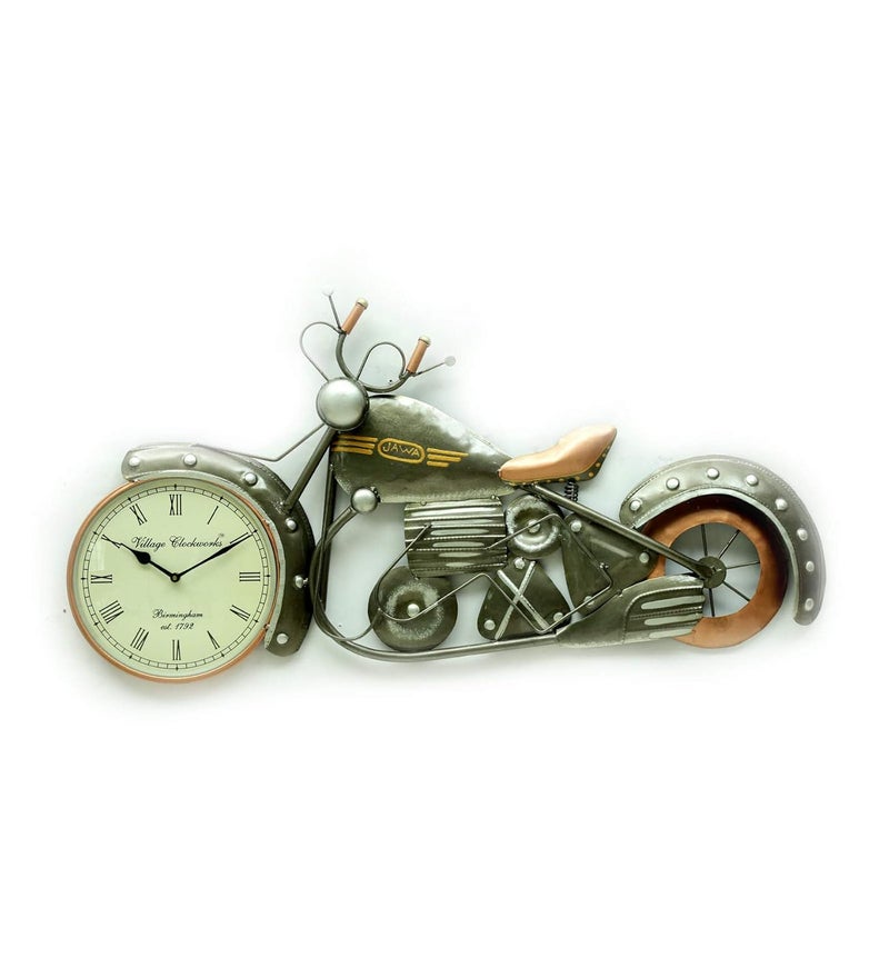 Medieval Arts Iron Jawa Bike Miniature Wall Clock Wall Art Decor Wall Mounted Silver - Image 2