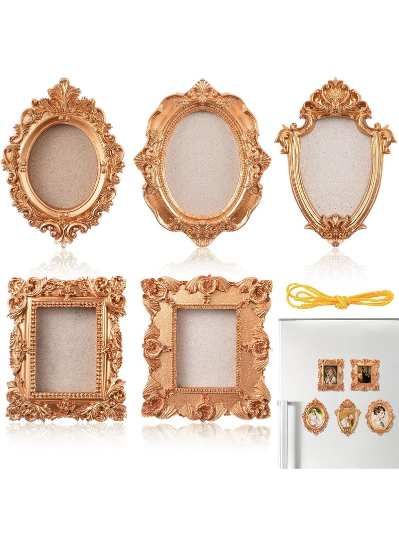 SYOSI Vintage Magnetic Photo Frames, Mini Fridge Frames Set, Antique Picture Display with Hooks, Rope & Back Stand for Refrigerator, Office Desk, Shelves, Christmas Home Decor (Golden, 5-Piece) - Image 1