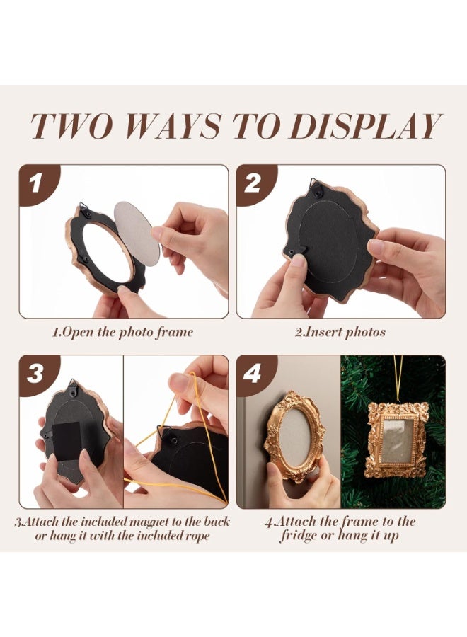 SYOSI Vintage Magnetic Photo Frames, Mini Fridge Frames Set, Antique Picture Display with Hooks, Rope & Back Stand for Refrigerator, Office Desk, Shelves, Christmas Home Decor (Golden, 5-Piece) - Image 5