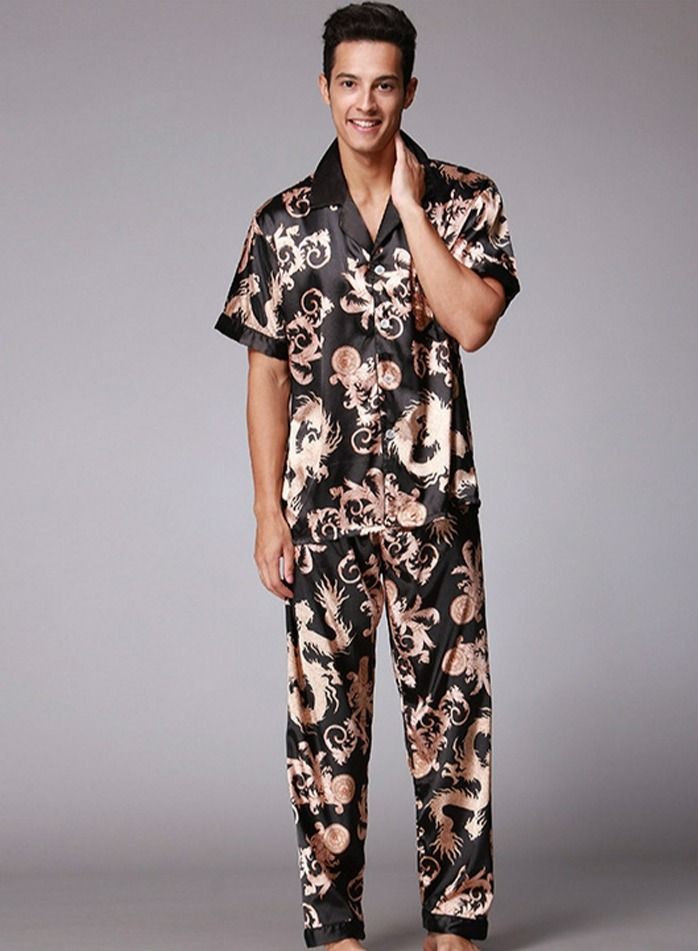 Loquat Men's Long Sleeve Printed Pajama Set 2-Piece Pajamas Sleepwear Set Lounge Wear Black/Brown  - Image 1