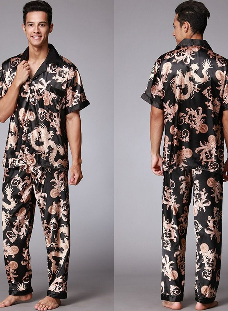 Loquat Men's Long Sleeve Printed Pajama Set 2-Piece Pajamas Sleepwear Set Lounge Wear Black/Brown  - Image 2