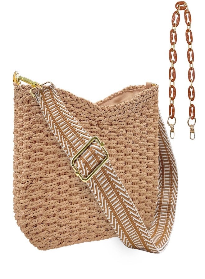 Beurlike Small Straw Handbags for Women Crossbody Pocketbooks Woven Shoulder Purses Beach Tote Bag for Summer Vacation with Chain(Kahki) - Image 1