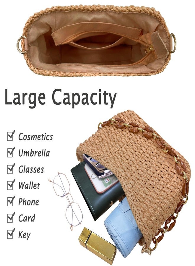 Beurlike Small Straw Handbags for Women Crossbody Pocketbooks Woven Shoulder Purses Beach Tote Bag for Summer Vacation with Chain(Kahki) - Image 2
