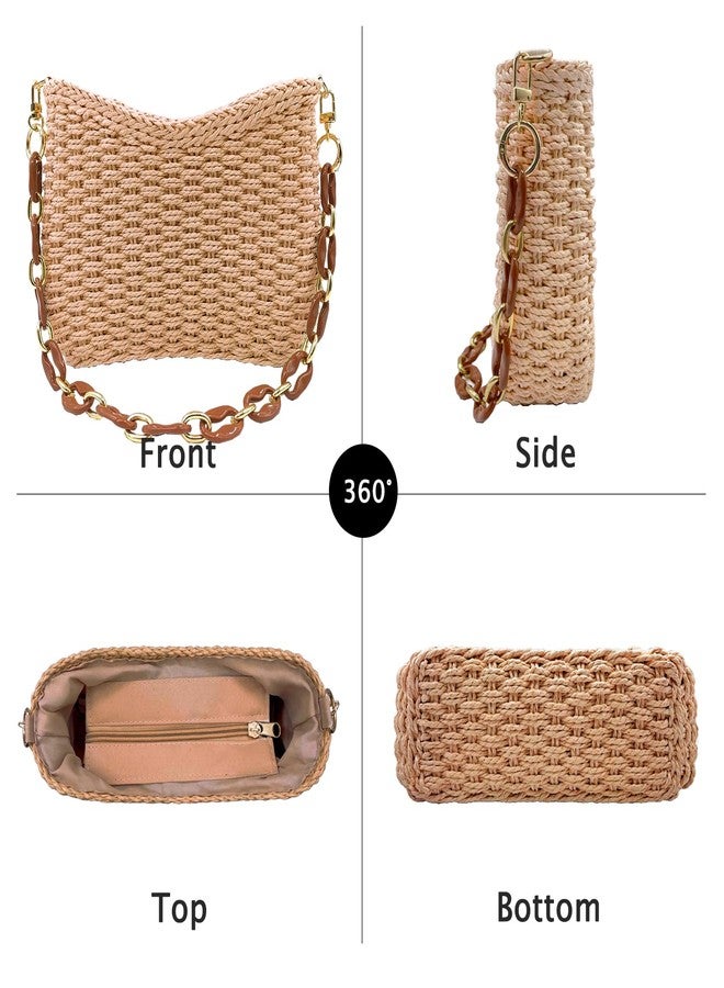 Beurlike Small Straw Handbags for Women Crossbody Pocketbooks Woven Shoulder Purses Beach Tote Bag for Summer Vacation with Chain(Kahki) - Image 4