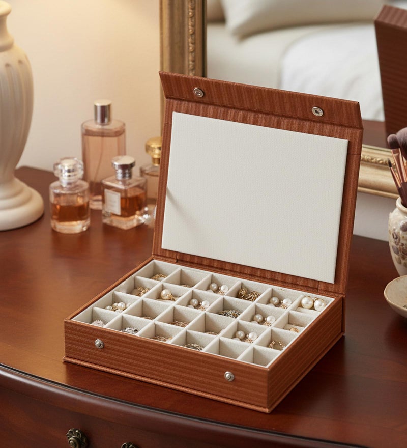 atorakushon PU Leather 24 Grids Makeup Storage Box Travelling Vanity Jhumka Earrings Cosmetic Necklace Jewellery Wardrobe Organizer for Woman Brown - Image 3