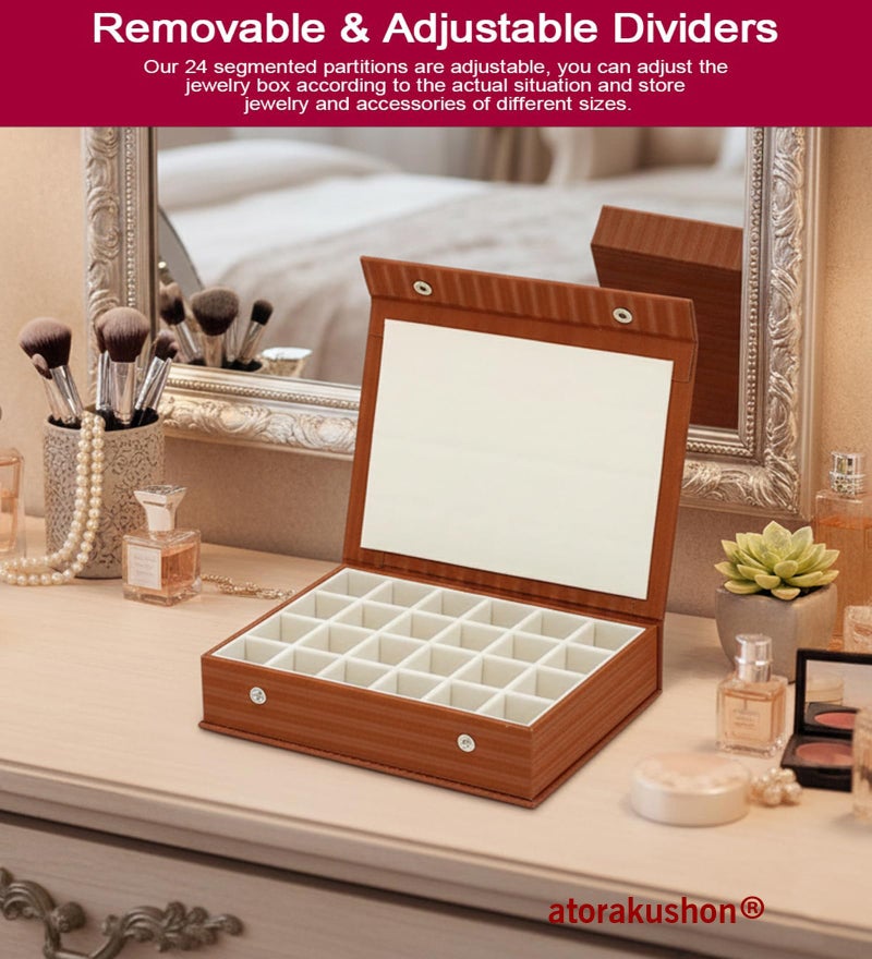 atorakushon PU Leather 24 Grids Makeup Storage Box Travelling Vanity Jhumka Earrings Cosmetic Necklace Jewellery Wardrobe Organizer for Woman Brown - Image 2