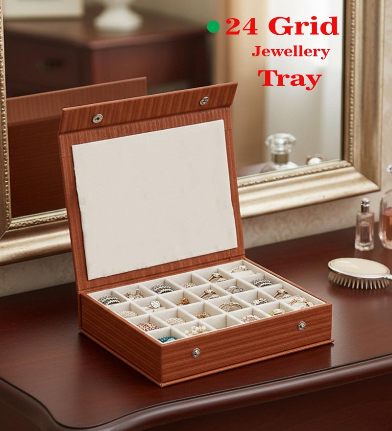 atorakushon PU Leather 24 Grids Makeup Storage Box Travelling Vanity Jhumka Earrings Cosmetic Necklace Jewellery Wardrobe Organizer for Woman Brown - Image 5