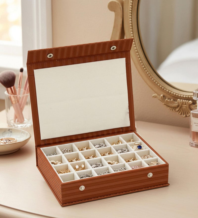 atorakushon PU Leather 24 Grids Makeup Storage Box Travelling Vanity Jhumka Earrings Cosmetic Necklace Jewellery Wardrobe Organizer for Woman Brown - Image 1