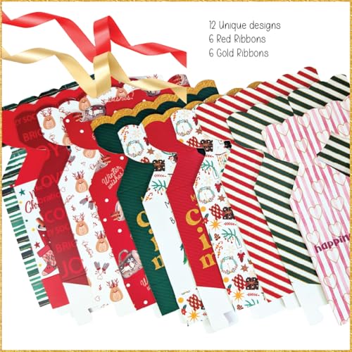 anujarusiya Christmas Gift Boxes| Set of 12| Perfect for Xmas Giting | 12 Ribbons | Favor boxes | 12 different designs with Golden and Red Strips - Image 2