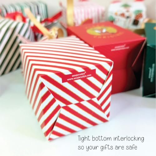 anujarusiya Christmas Gift Boxes| Set of 12| Perfect for Xmas Giting | 12 Ribbons | Favor boxes | 12 different designs with Golden and Red Strips - Image 5
