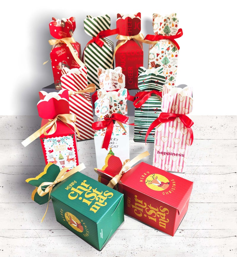 anujarusiya Christmas Gift Boxes| Set of 12| Perfect for Xmas Giting | 12 Ribbons | Favor boxes | 12 different designs with Golden and Red Strips - Image 1
