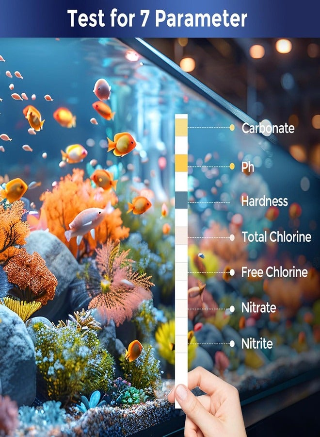 أوساويك 7 في 1 شرائط اختبار الأحياء المائية، 100 شرائط الأسماك اختبار جودة مياه الخزان المياه العذبة المياه المالحة اختبار اختبار الرقم الهيدروجيني، الكربونات، القلوية، الصلابة، الكلور، النتريت، النترات المياه المائية اختبار - Image 2