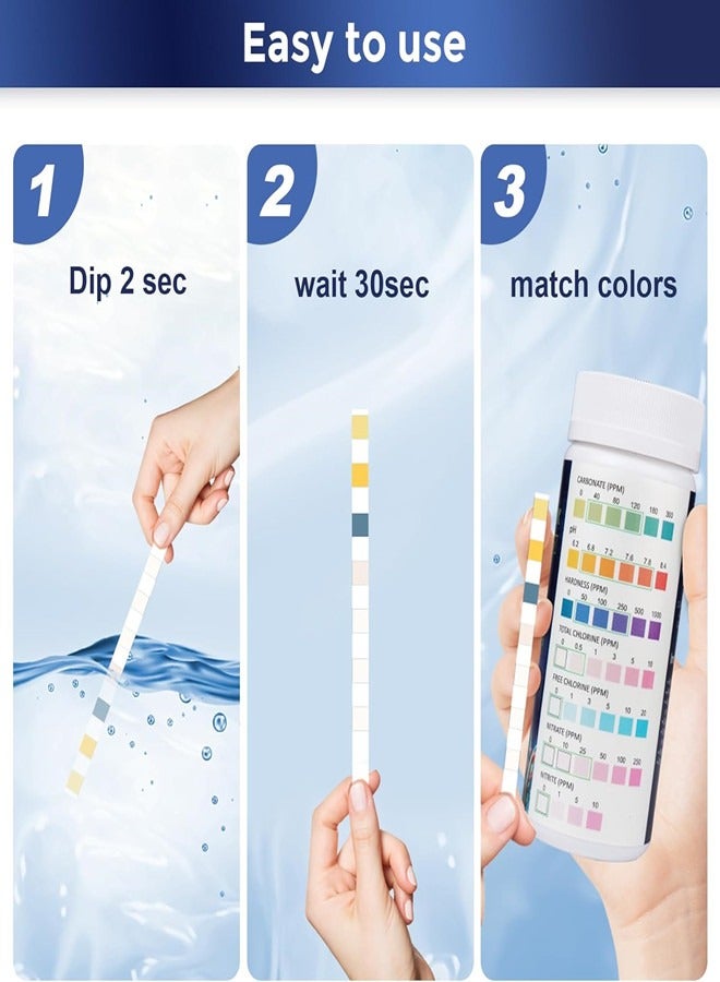 أوساويك 7 في 1 شرائط اختبار الأحياء المائية، 100 شرائط الأسماك اختبار جودة مياه الخزان المياه العذبة المياه المالحة اختبار اختبار الرقم الهيدروجيني، الكربونات، القلوية، الصلابة، الكلور، النتريت، النترات المياه المائية اختبار - Image 4