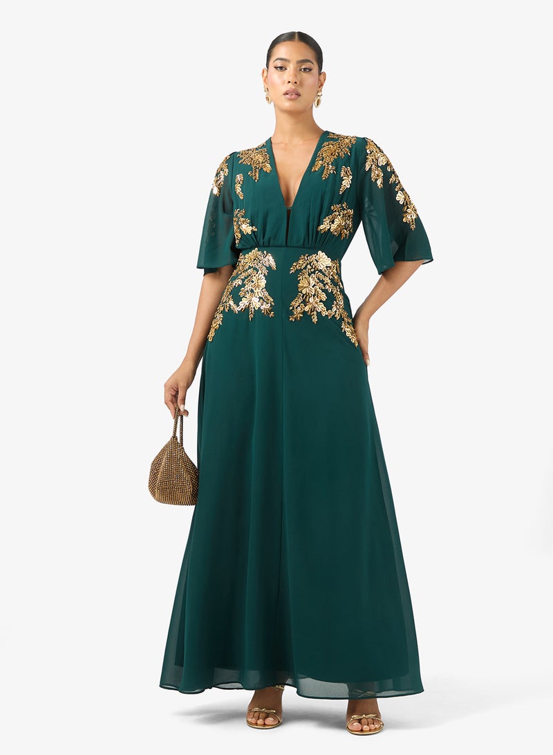 Hope & Ivy Plunge Front Embellished   Flutter Sleeve Maxi Dress - Image 4